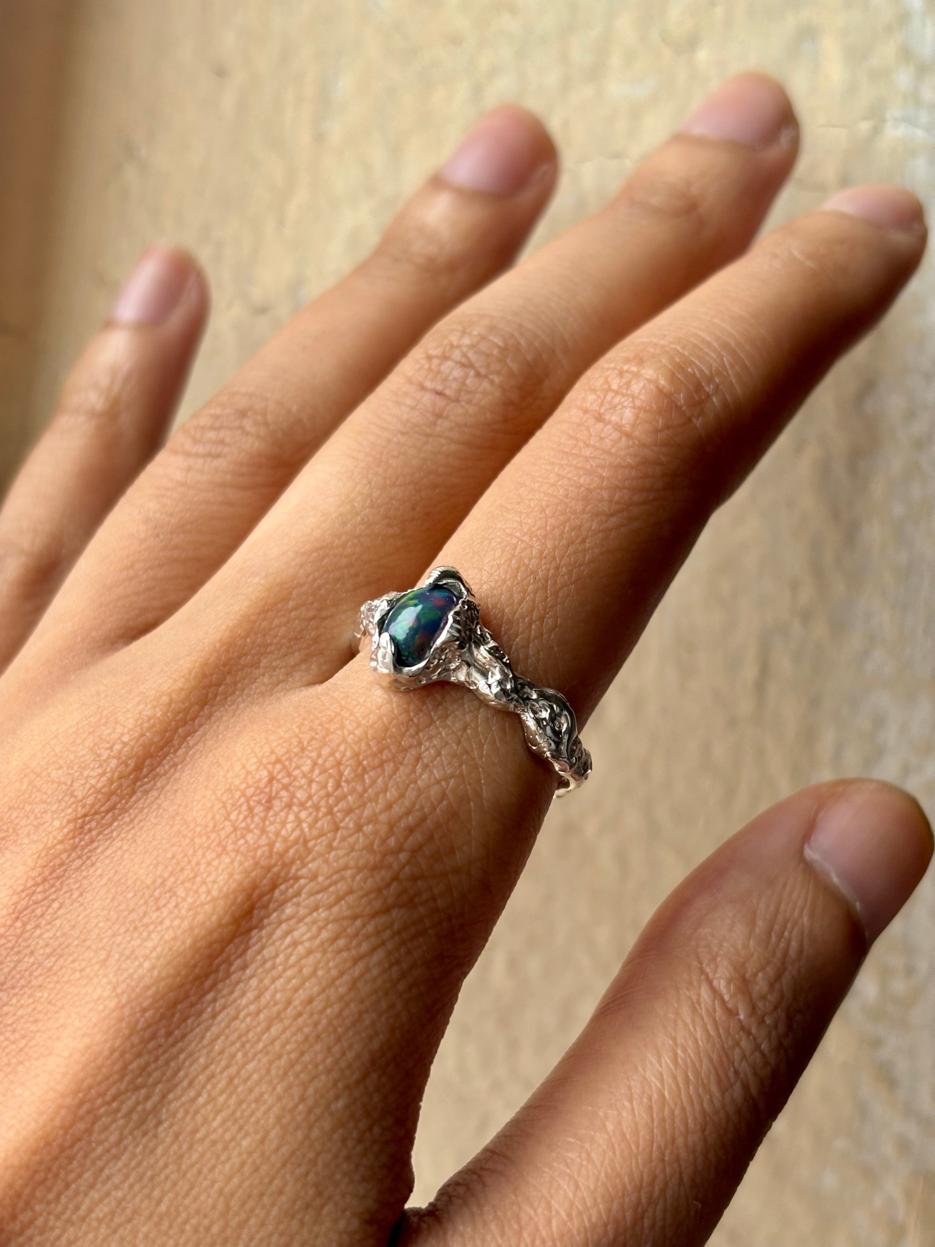 Size R - Nymph Ring - Silver/Green Ethiopian Opal